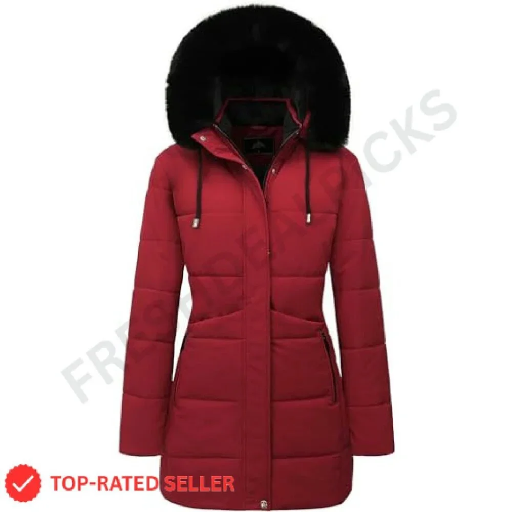 Winter Puffer Coat Thick Fleece Lined Down Jacket Detachable Hood Parka